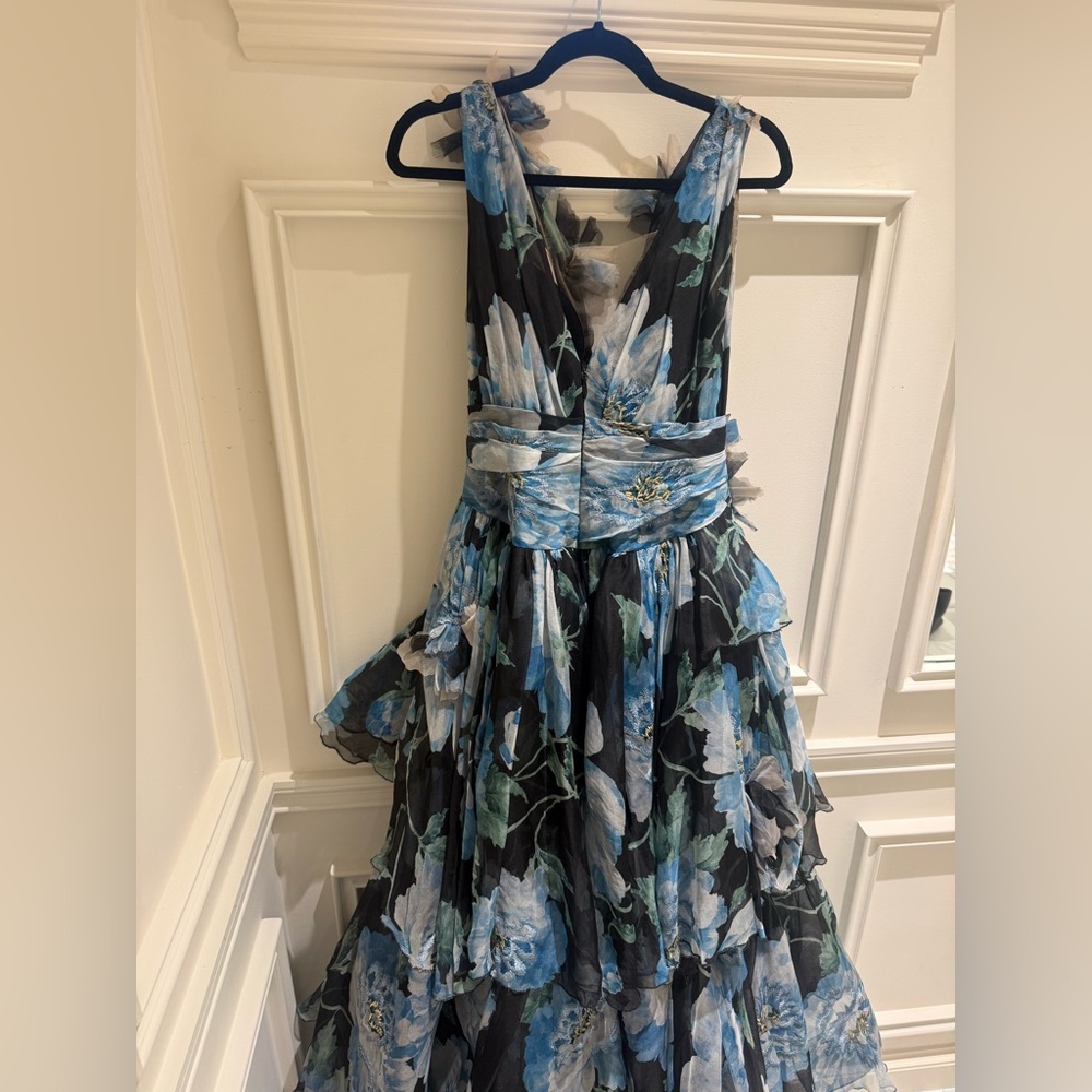MARCHESA COUTURE- Blue Floral Tiered V-Neck Evening Dress - Picture 2 of 9